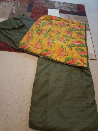 Vintage Green Coleman Leopard Tiger Flannel Print Thick Lining Sleeping Bag