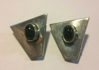 Vintage Taxco Mexico Sterling Silver.  925 Black Onyx Clip On Earrings Geometric