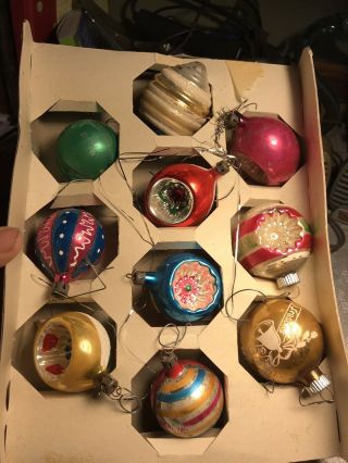 Noelle Glass Ornaments Christmas Set Of 10 Vintage 60’s Indents Hand Painted