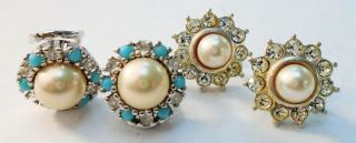 Two Pairs Fine Large Vintage Sterling Silver,  Pearl & Diamond Paste Earrings