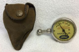 Vintage Model A Ford Motor Tire Pressure Gauge With Antique Leather Pouch