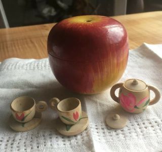 Vintage Wooden Apple With Miniature Tea Set Nestled Inside Hand Painted Japan