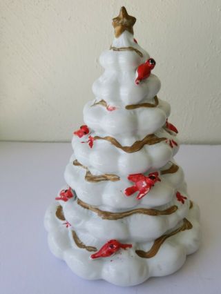 Ceramic Christmas Tree Hand Painted White With Red Cardinals Birds Vintage