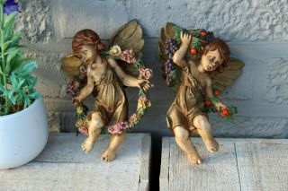 Pair Antique French Polychrome Plaster Angels Putti Romantic Figurines