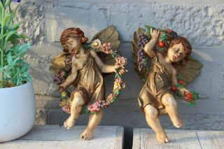 PAIR antique French polychrome plaster angels putti romantic figurines 3