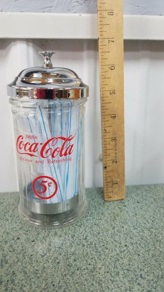Vintage Coca Cola Glass Straw Dispenser With Chrome Plated Metal Lid " Remake "