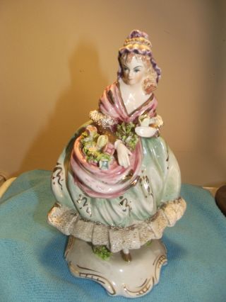 Vintage Wales Lacy Figurine - Girl With Basket Of Flowers - So Pretty