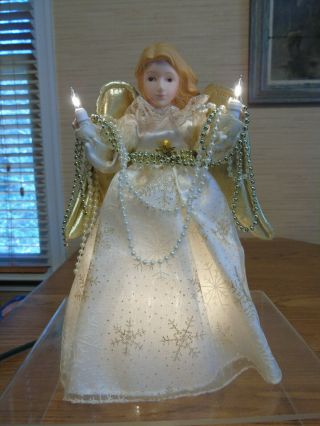 Vtg.  10 " Lighted Angel In Snowflake Dress & Pearls Christmas Tree Topper Figure