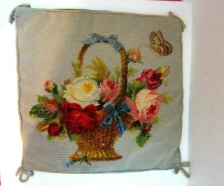 Vtg Imperial Elegance Needlepoint Pillow Floral Pink Flowers In Basket 14 " Sq