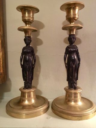 Pair Antique French Empire Bronze Candlesticks Candelabra Caryatids Bourgeoirs