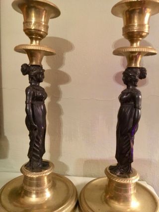 Pair Antique French Empire Bronze Candlesticks Candelabra Caryatids Bourgeoirs 2