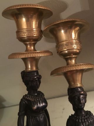 Pair Antique French Empire Bronze Candlesticks Candelabra Caryatids Bourgeoirs 3