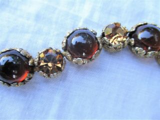 Vintage Amber Rhinestone & Cabochon Bracelet 7.  5 " Ornate Setting