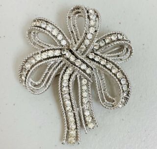 Crown Trifari Vintage Signed Holiday Celebration Bow White Crystal Pin Brooch