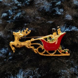 Vintage Christmas Brooch Pin Costume Jewelry Sleigh Pulled By Reindeer Enamled