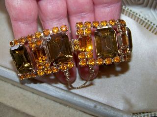 Vintage Jewellery Wide Amber Glass Rhinestone Art Deco Gold Cocktail Bracelet