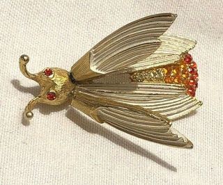 Vintage Florenza Trembler Flutter Brooch Pin Bug Insect Fly Gold Tone Rhinestone