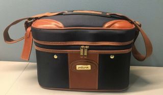 Vintage Jaguar Train Case Carry On Luggage Cosmetic Overnight Shoulder Bag Blue