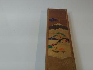 Vintage Japanese Wooden Pencil Box W/ Mt.  Fuji Scene With & Sliding Panel Lid