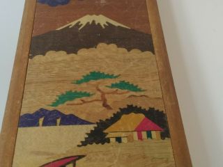 Vintage Japanese Wooden Pencil Box w/ Mt.  Fuji Scene with & Sliding Panel Lid 2