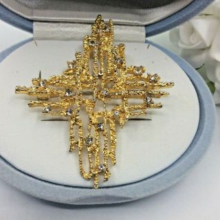 VINTAGE JEWELLERY SIGNED SW CLEAR RHINESTONE TEXTURED GOLD TONE ABSTRACT BROOCH 3