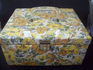 Vintage Sewing Box Vinyl Quilted Flowers Yellow Lucite Handle Plastic Tray 1960s