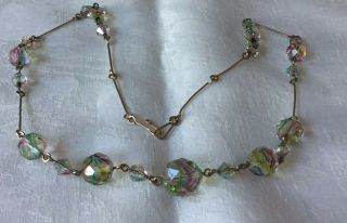 Vintage Art Deco Iris Rainbow Glass Beads / Rolled Gold Necklace C1930 