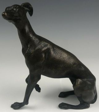 Antique Signed Antonio Pandiani Italian Seated Whippet Dog Bronze Sculpture Sjs