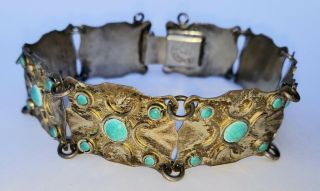 Sterling Silver And Turquoise Vintage Mexican Bracelet Signed Reygo Mexico Links