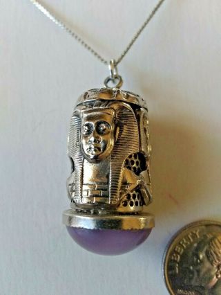 Vintage King Tut Egyptian Revival Purple Quartz Stone Necklace Pendant Fob Charm
