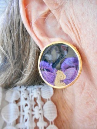 Authentic Vintage Gold Tone Purple & Black Clip Earrings