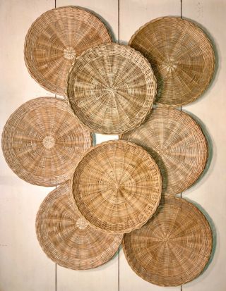 8 Vintage Wicker Paper Plate Holder Natural Color Bamboo Holiday Decor 9.  75”