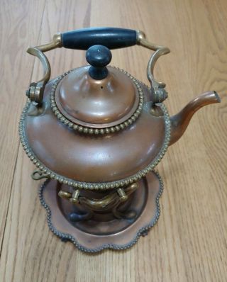 Antique Copper And Brass Tea Pot Kettle With Stand And Burner By S&c Trade Mark
