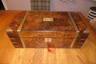 Antique Figured Walnut Campaign Writing Slope With Brass Banding And Secret Draw