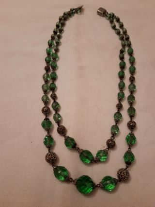 Vintage Art Deco Czech Green Uranium Glass And Filigree Balls Necklace,  2 Strand