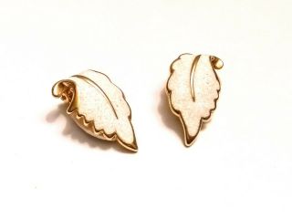 Vintage Napier Gold Plated & White Sparkle Leaf Clip On Earrings