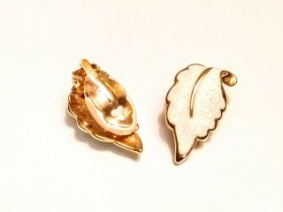 Vintage Napier Gold Plated & White Sparkle Leaf Clip On Earrings 2