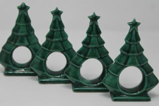 Vintage Green Christmas Tree Napkin Rings Hand Painted Glazed Ceramic Set Of 4