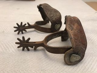 Antique Crockett Signed Cowboy Horse Riding Spurs Tooled Leather & Nickel Heart