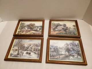 Vintage Currier And Ives American Homestead 4 Seasons Lithograph Framed 5 " X 7 "