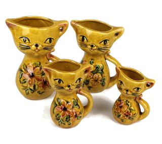 Vintage Set Of 4 Enesco Ceramic Cat Measuring Cups Pitchers E - 7982 Made In Japan