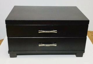 Vintage Shiny Dark Finish Wood Jewelry Organizer 2 Tier Footed Box W/ One Drawer