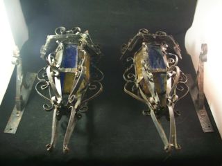Vintage Hand Made Wrought Iron,  Stain Glass Indoor Castle Wall Light