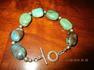 Vintage Southwestern Turquoise Stones Bracelet With Sterling Silver Toggle 8 "