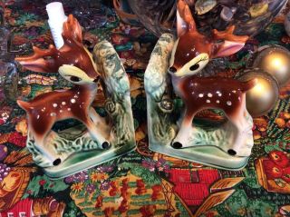 Pair Vintage Japan Ceramic Baby Deer Bambi Matching Bookends W/ Sticker