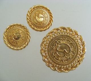 Vintage St John Gold Tone Signature Logo Brooch & Clip - On Earrings Set