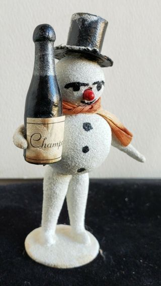 Antique German Snow Man Wtop Hat,  Champagne Bottle,  Christmas Ornament,  Year