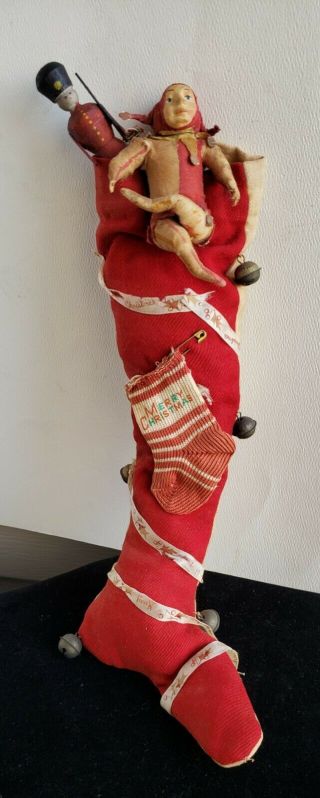 Antique Christmas Stocking With Jester Cotton Batting Ornament,  And Soldier Toy