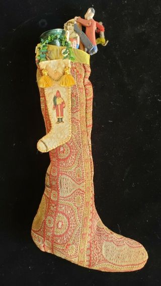 Antique Christmas Stocking,  With Dresden Gnome Ornament,  Antique Toys,  Paisley