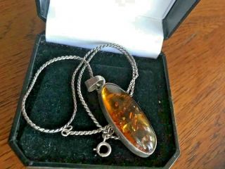 Vintage Sterling Silver 925 And Real Baltic Amber Pendant/ Necklace